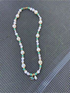 Handmade Gold, White & Turquoise Bead Necklace with Pearl Accents